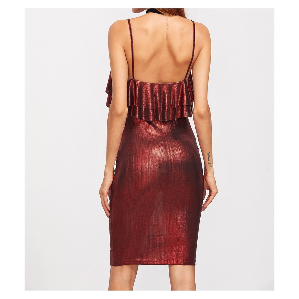 Metallic Bodycon Midi Dress Ruffle Red - Picture 2 of 8